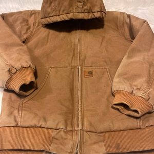 CARHARTT Youth XL 18-20 Quilted Lined Khaki Canvas Duck Hooded Jacket Coat